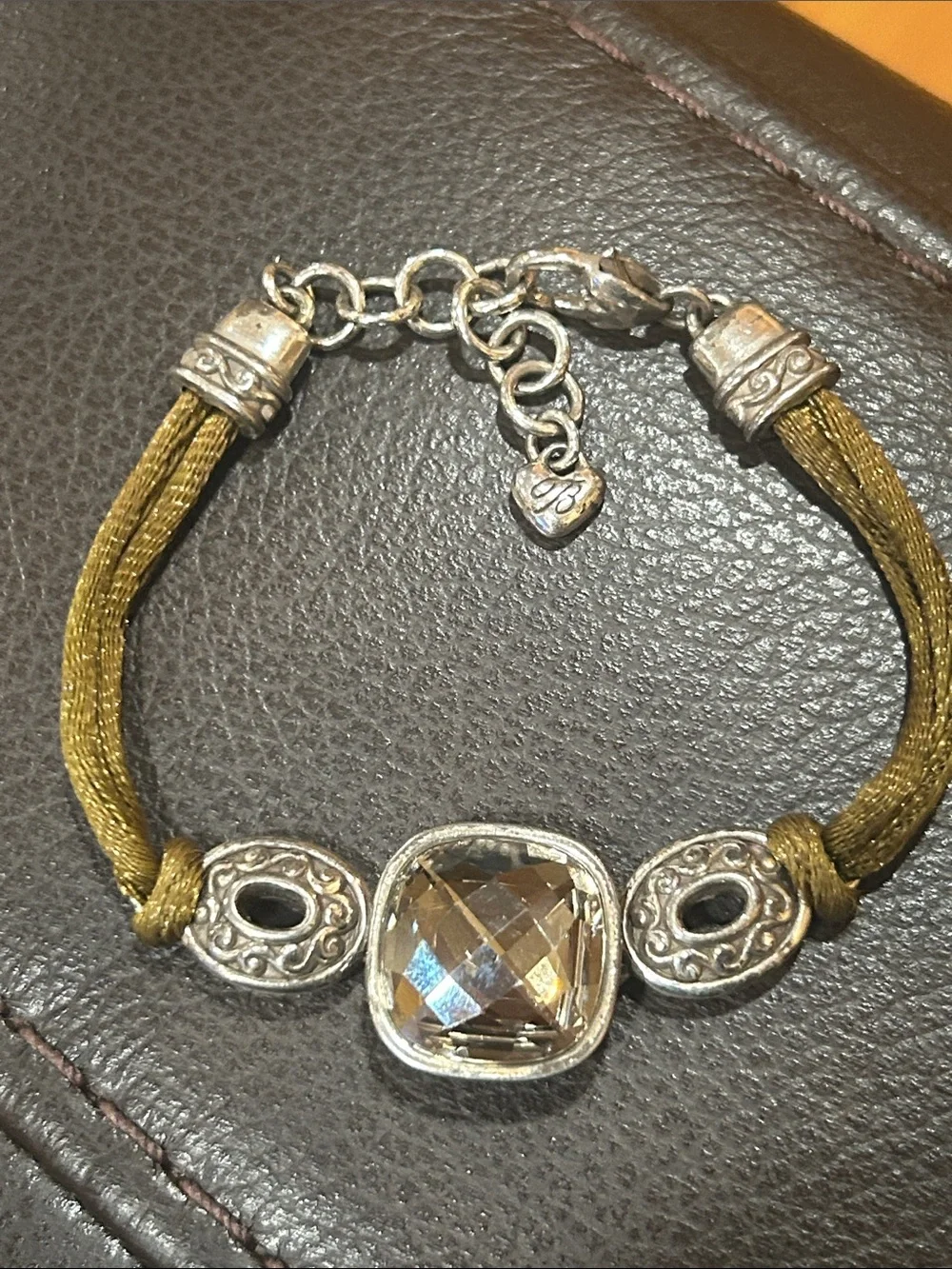 Retired Brighton Venus Rising Olive Cord Bracelet with Smoky Faceted Crystal